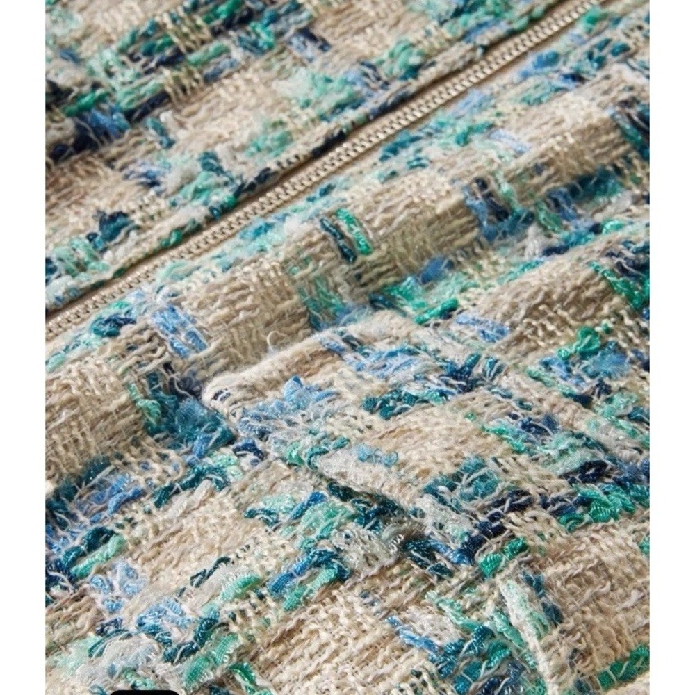 NWT Boston Proper XL Tweed Zip Bomber Lady Jacket Blue Green Cream Pockets - Picture 3 of 16